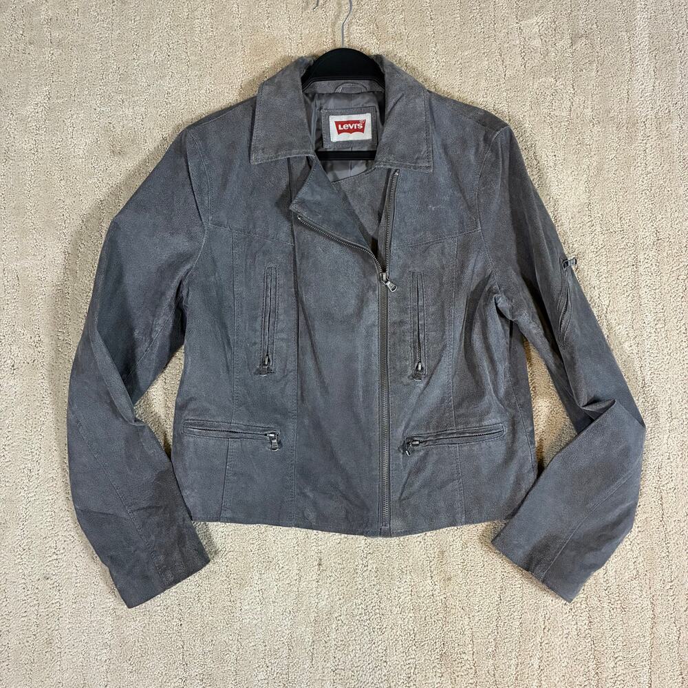 Levi's Women L Y2K Grey Genuine Suede Leather Biker Moto Jacket Grunge Bikercore